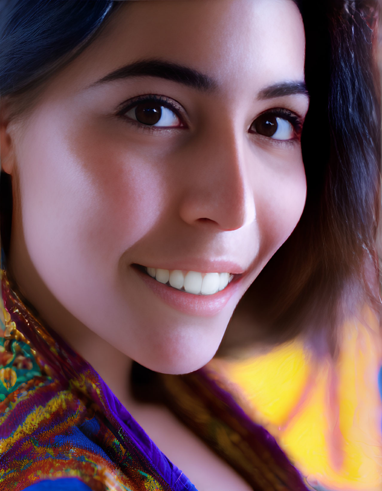 Smiling woman with dark hair in colorful garment portrait.