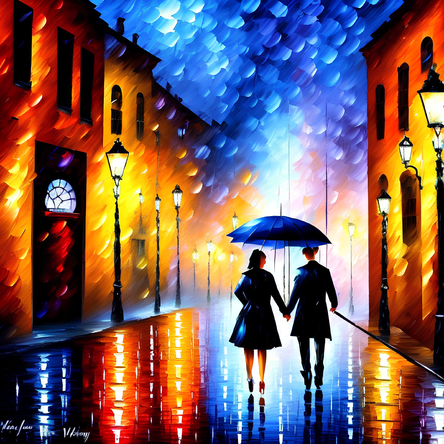 Couple Walking Hand in Hand Under Umbrella on Rainy City Street