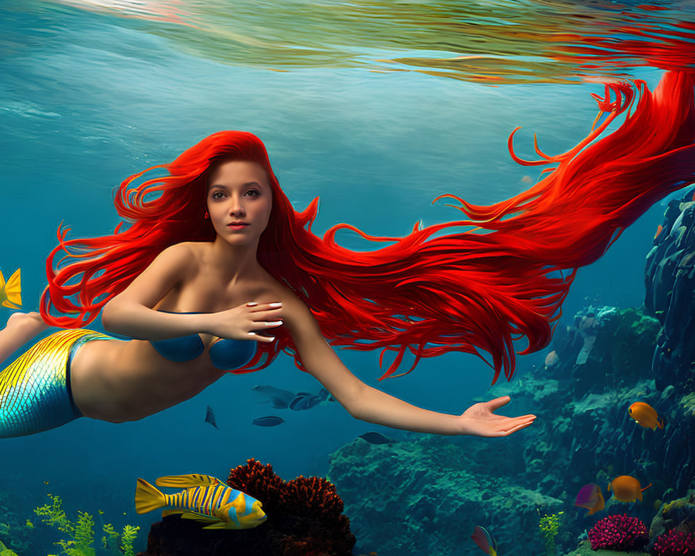 Red-haired mermaid swimming with fish in underwater scene