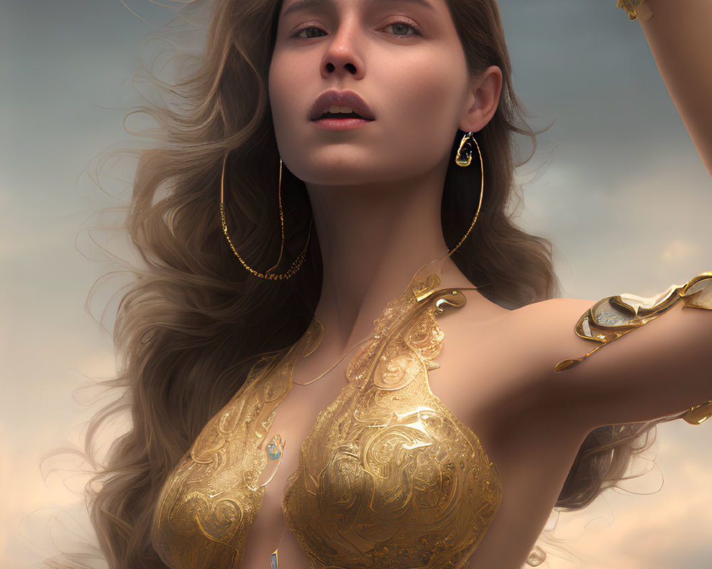 Woman adorned in gold jewelry against cloudy sky background