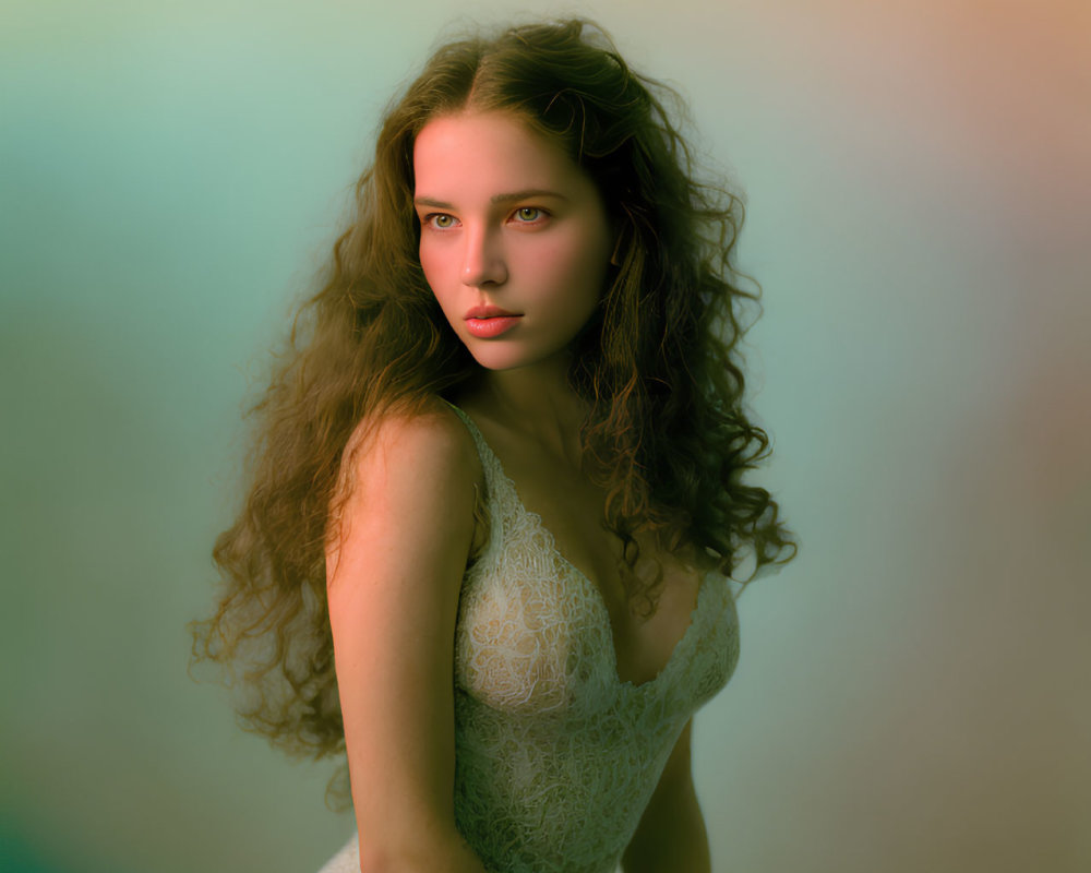 Long Wavy Hair Woman in Lace Garment with Soft-Focus Background