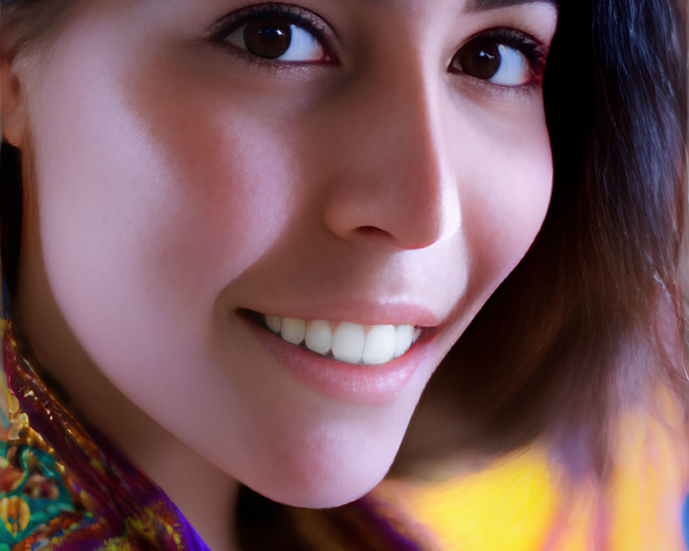 Smiling woman with dark hair in colorful garment portrait.