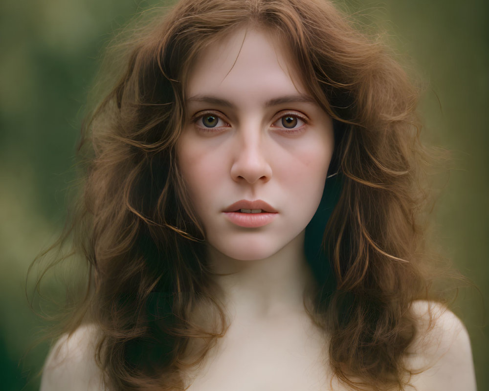 Portrait of Woman with Voluminous Brown Hair and Penetrating Gaze on Soft Green Background