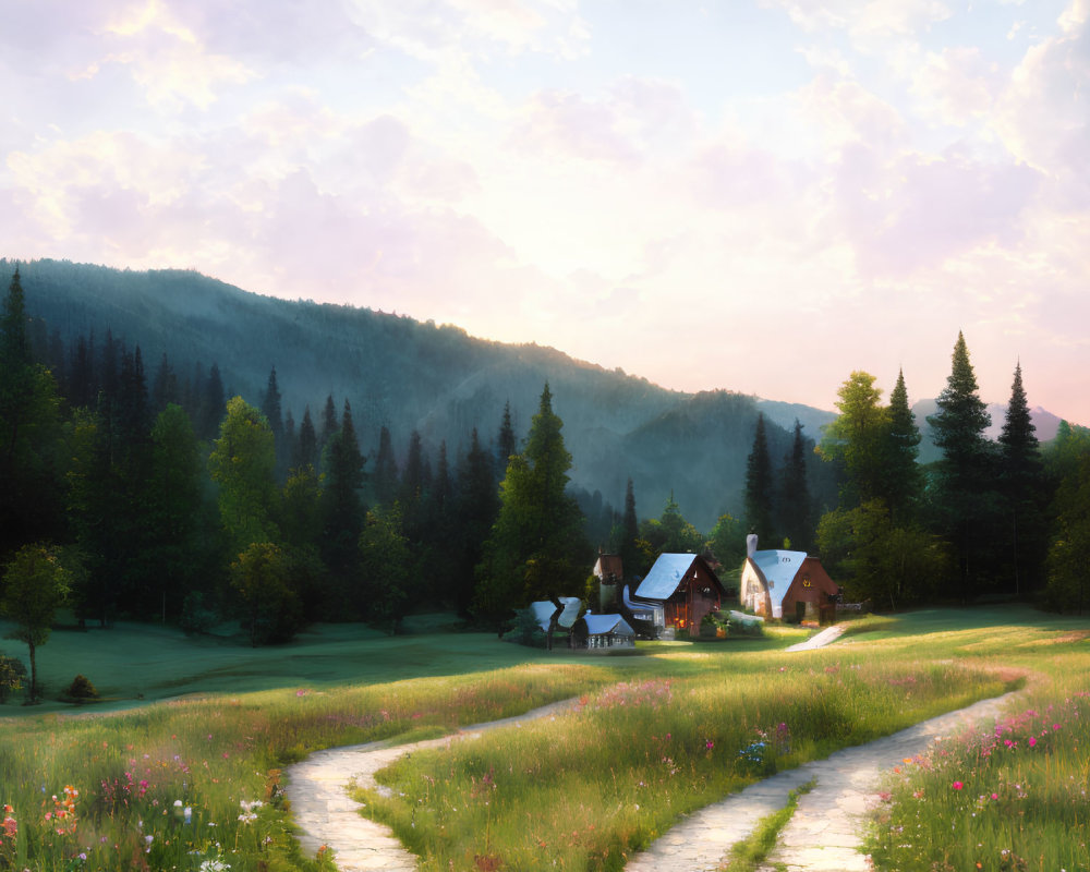 Tranquil sunrise countryside landscape with winding path and cozy houses