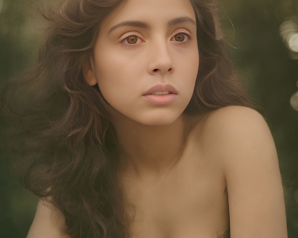 Portrait of Woman with Wavy Hair, Amber Eyes, Green Dress