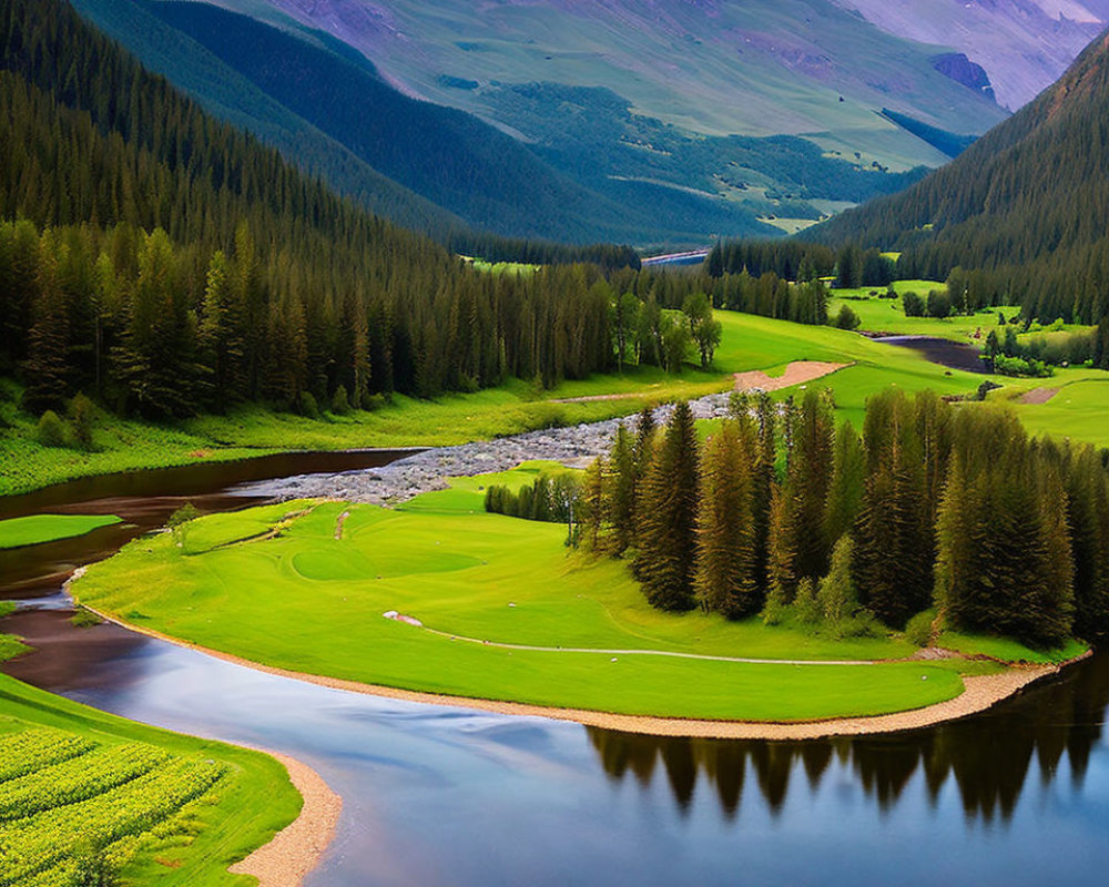 Tranquil mountain valley with river, greenery, and peaks at dusk