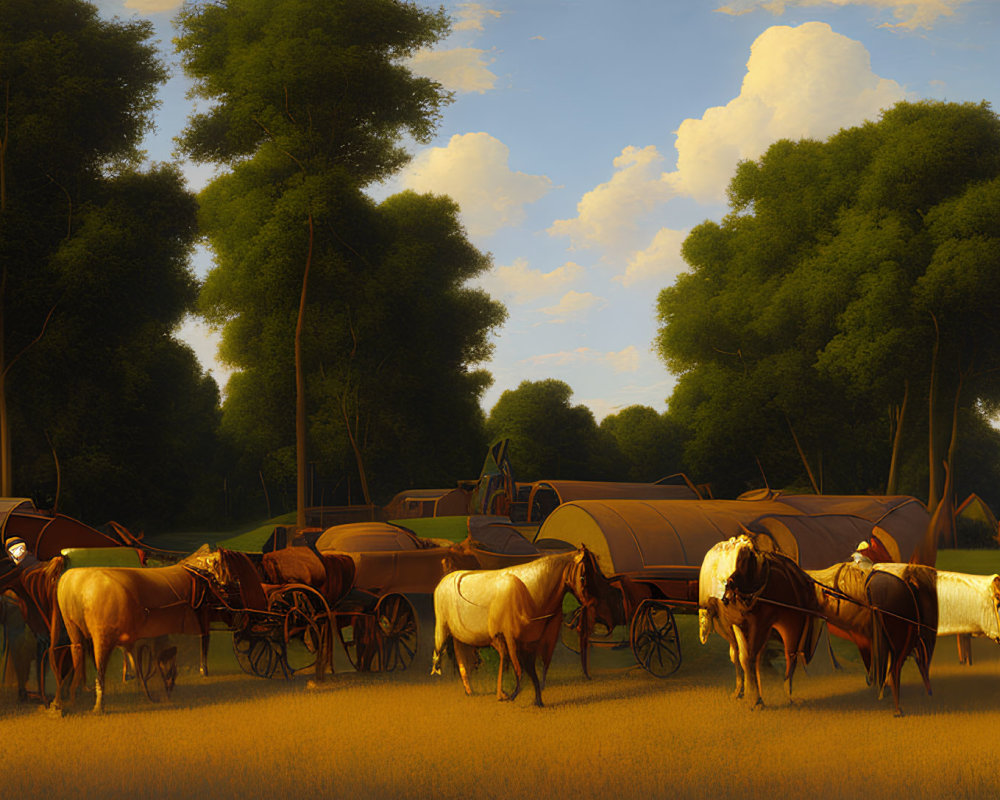 Rural landscape with people, horses, and wagons under golden sky