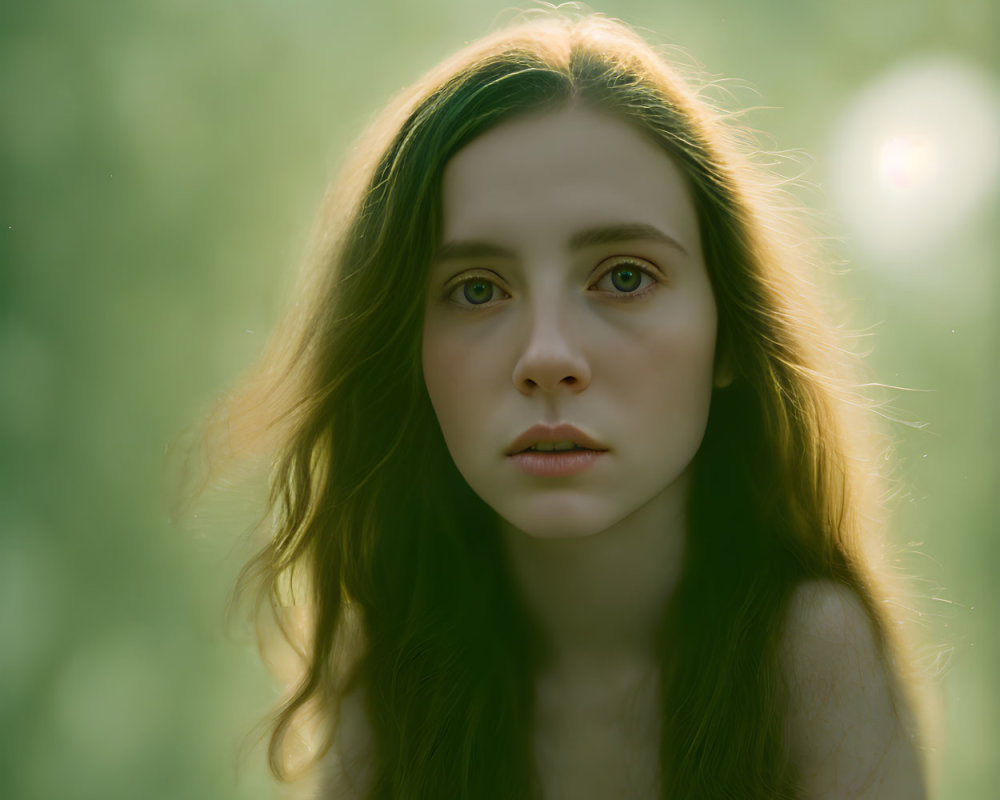 Portrait of woman with long hair and captivating eyes in soft green light