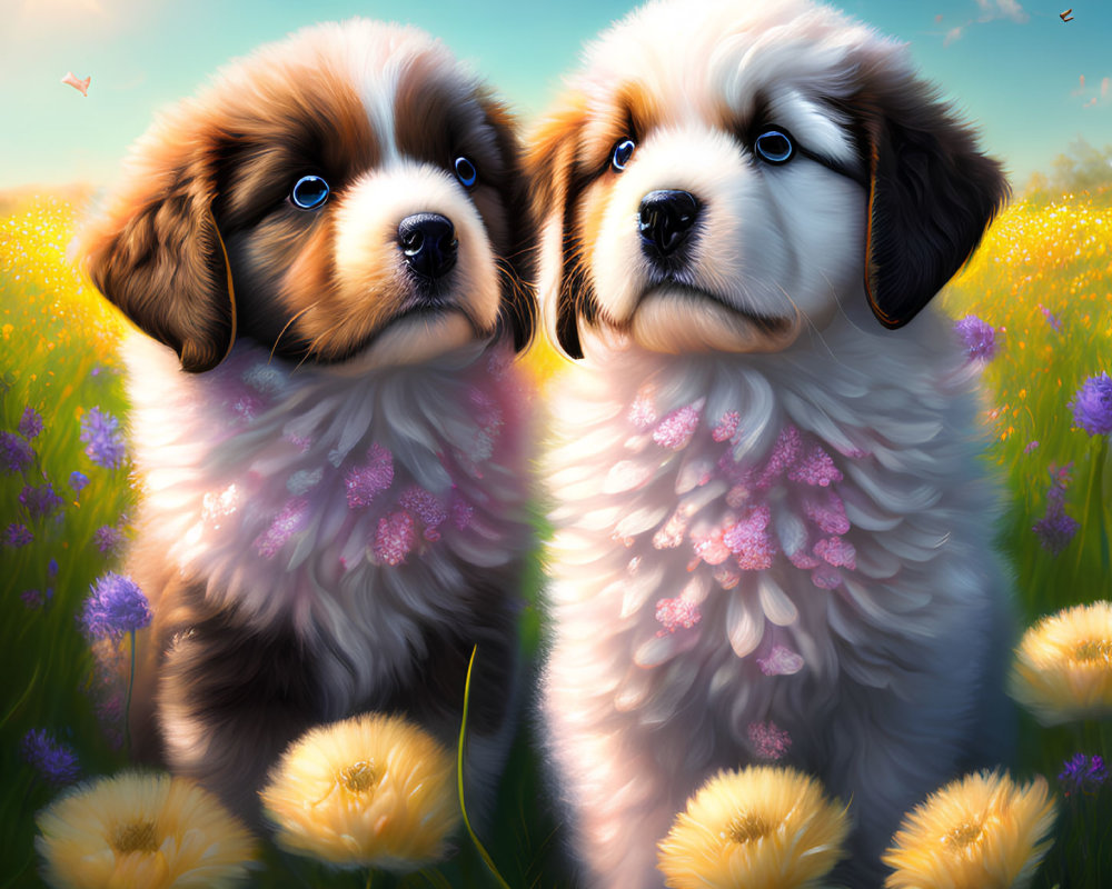 Fluffy puppies in blooming meadow with dandelions and purple flowers