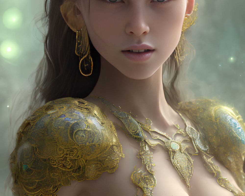 Fantasy female character in ornate gold attire with ethereal glow