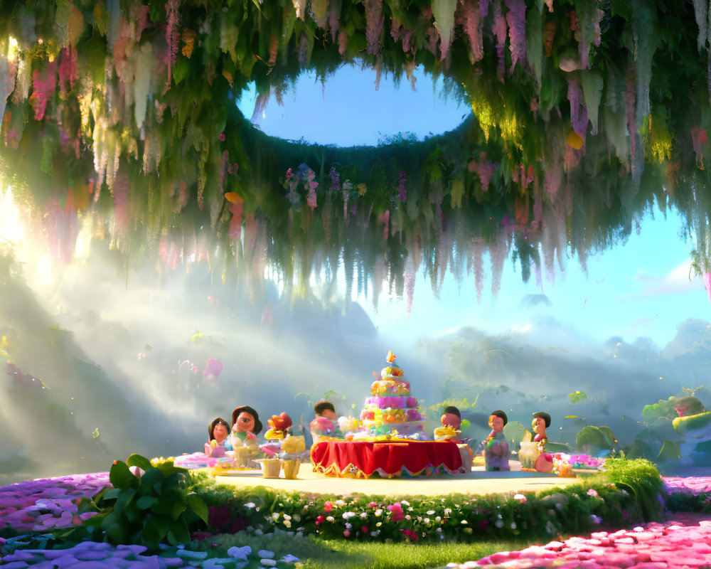 Enchanting forest scene with animated characters and cake