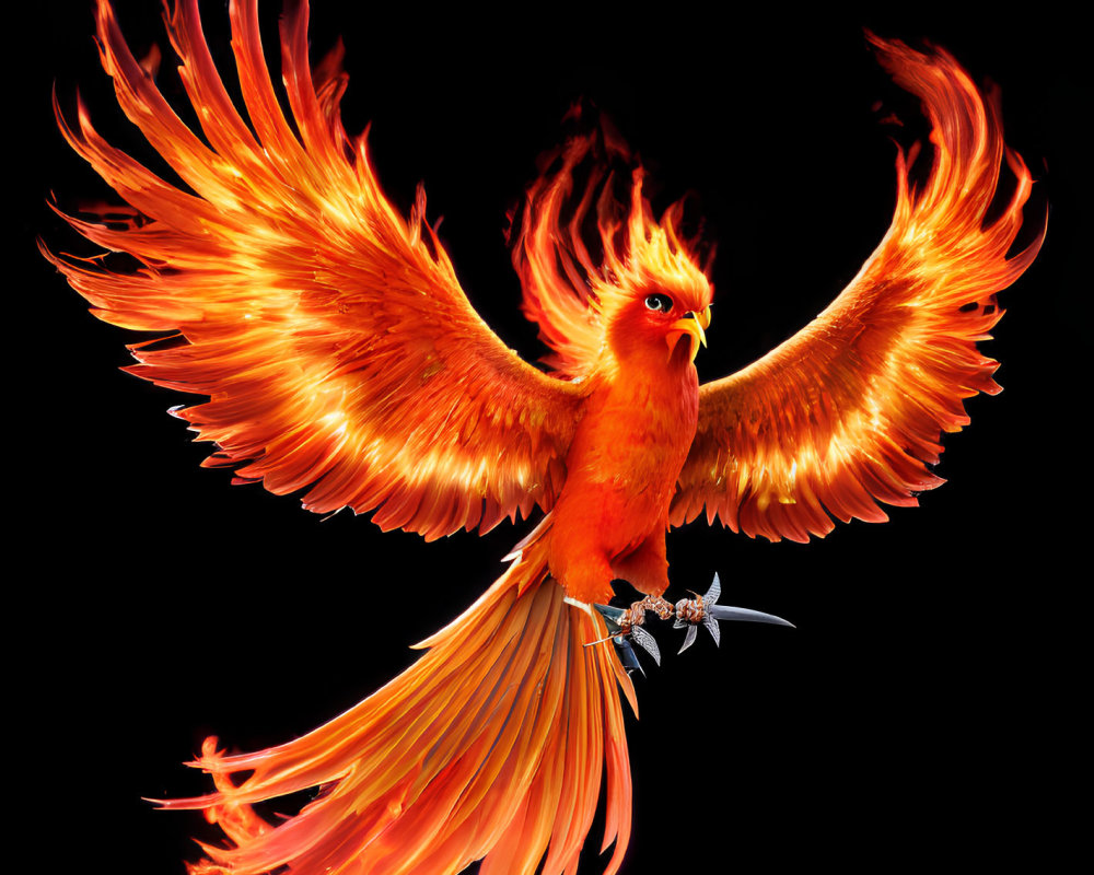 Colorful Phoenix with Fiery Wings: Digital Illustration in Orange and Red