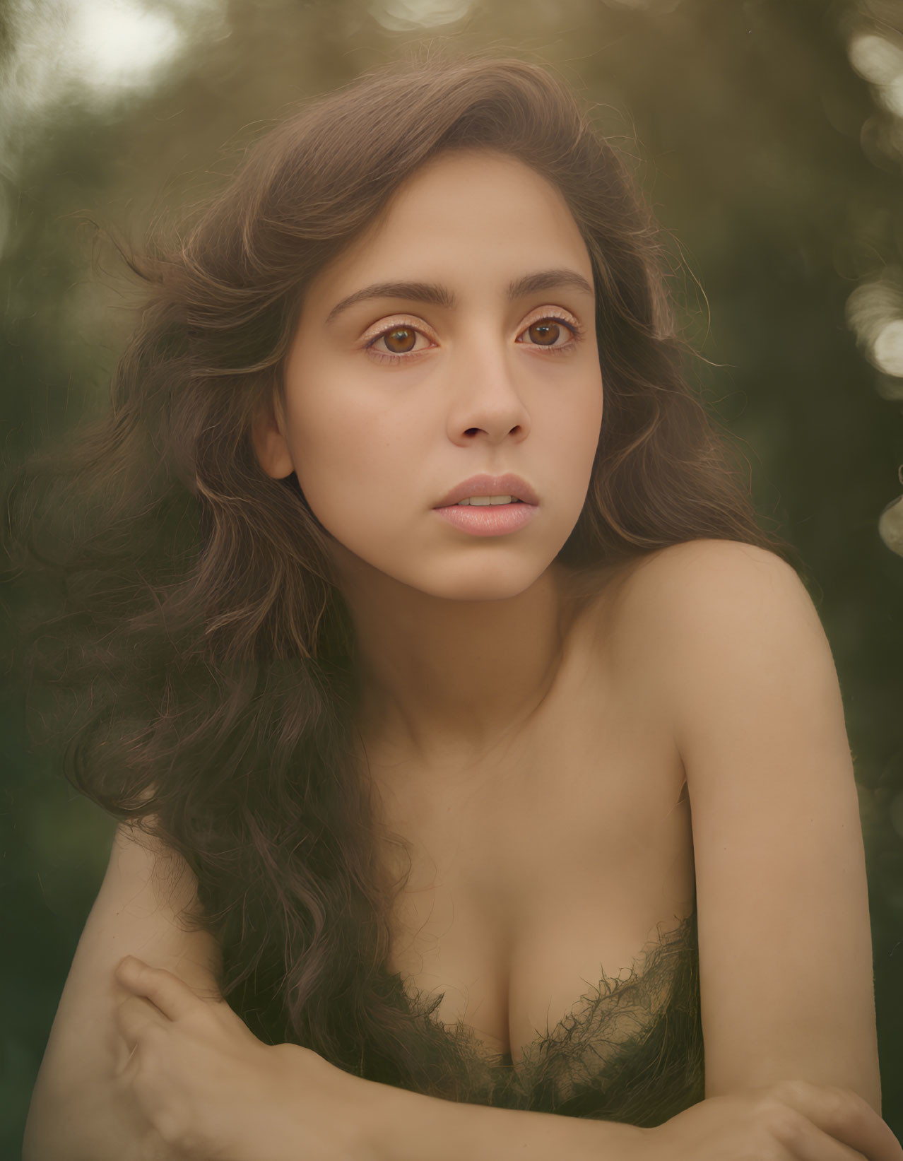 Portrait of Woman with Wavy Hair, Amber Eyes, Green Dress