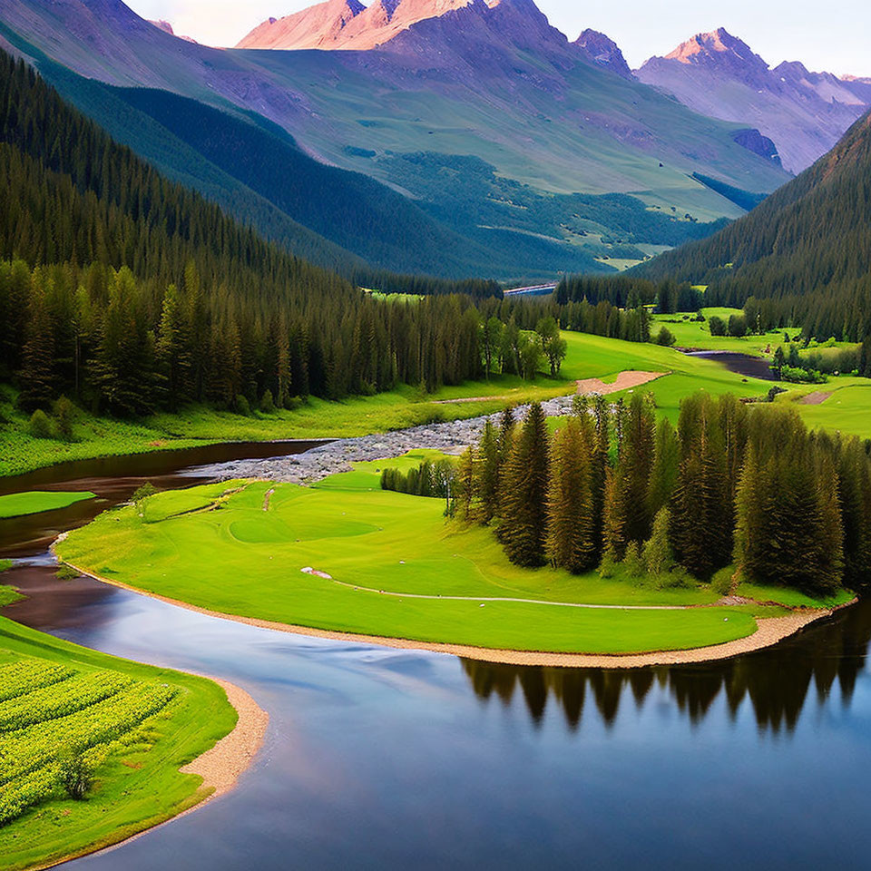 Tranquil mountain valley with river, greenery, and peaks at dusk