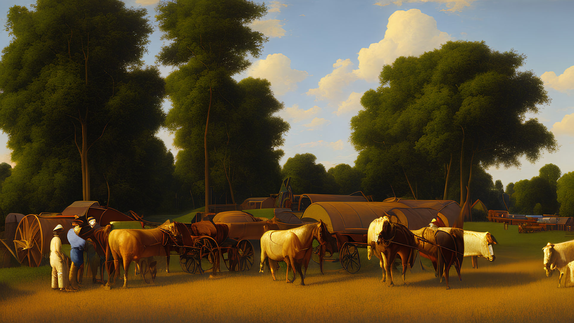 Rural landscape with people, horses, and wagons under golden sky