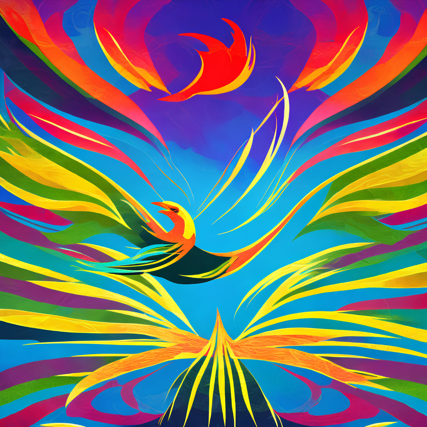 Colorful Abstract Phoenix Illustration in Red, Yellow, and Blue Hues