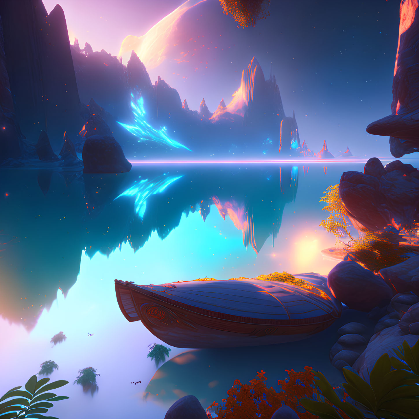 Ethereal fantasy landscape with calm lake, boat, alien mountains