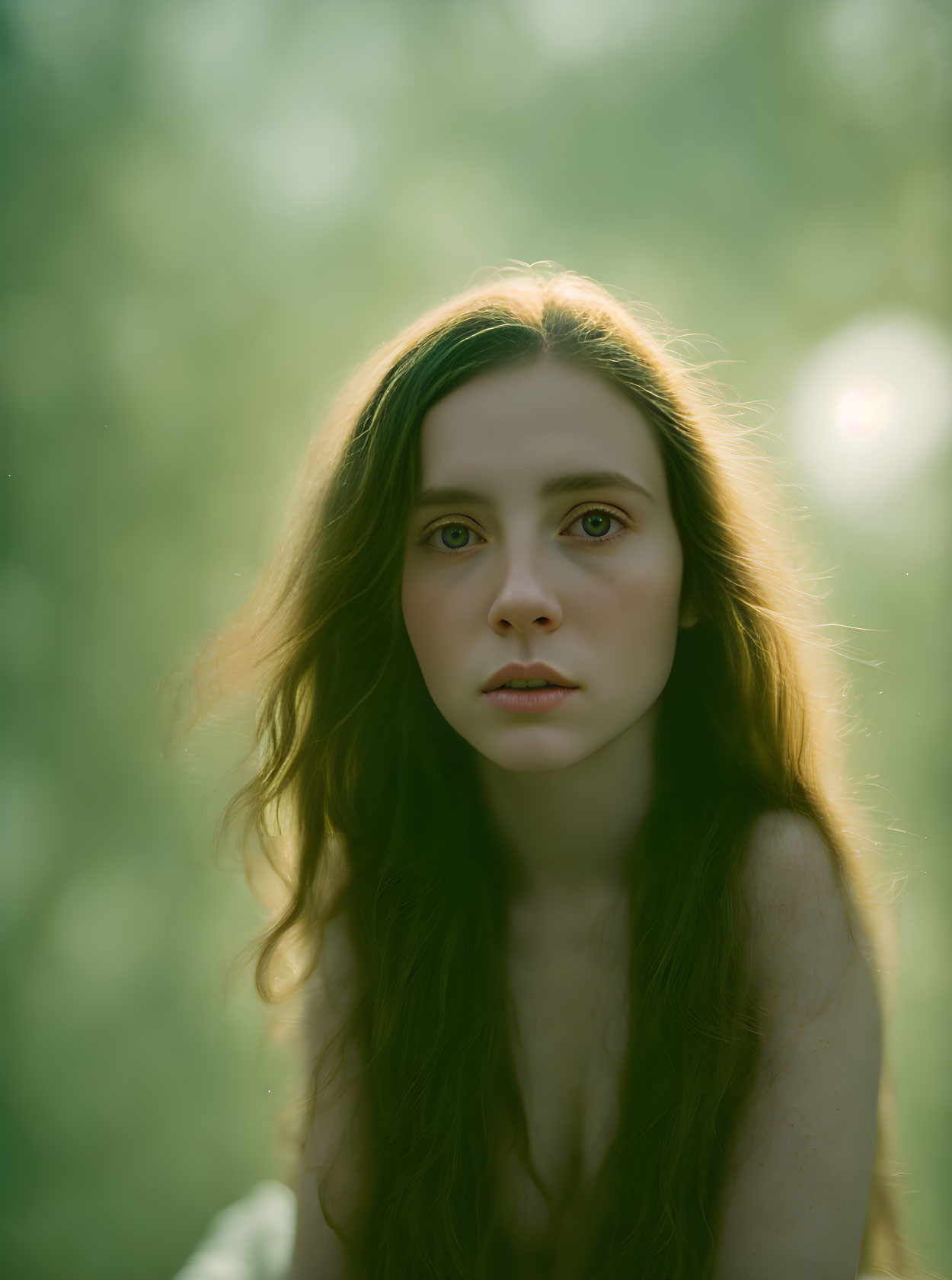 Portrait of woman with long hair and captivating eyes in soft green light