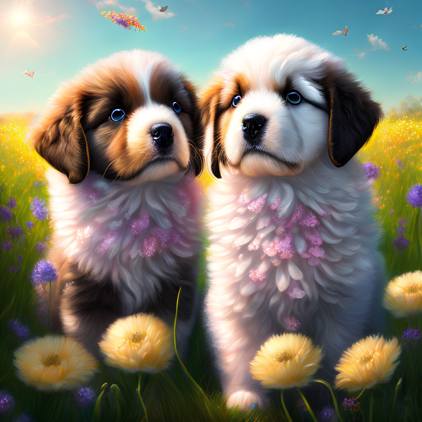 Fluffy puppies in blooming meadow with dandelions and purple flowers