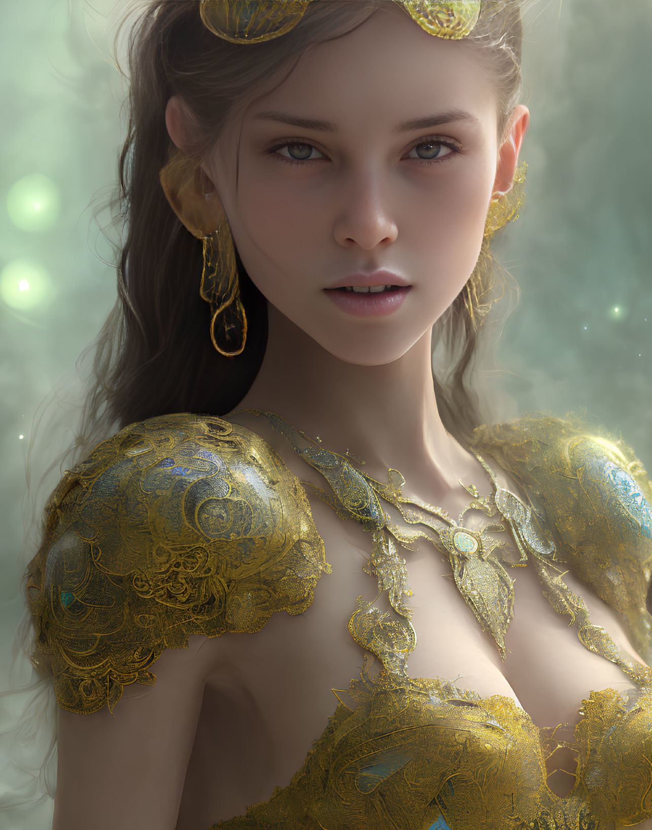 Fantasy female character in ornate gold attire with ethereal glow