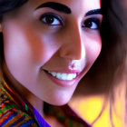 Smiling woman with dark hair in colorful garment portrait.