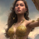 Woman adorned in gold jewelry against cloudy sky background