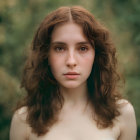 Portrait of Woman with Voluminous Brown Hair and Penetrating Gaze on Soft Green Background