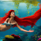 Red-haired mermaid swimming with fish in underwater scene