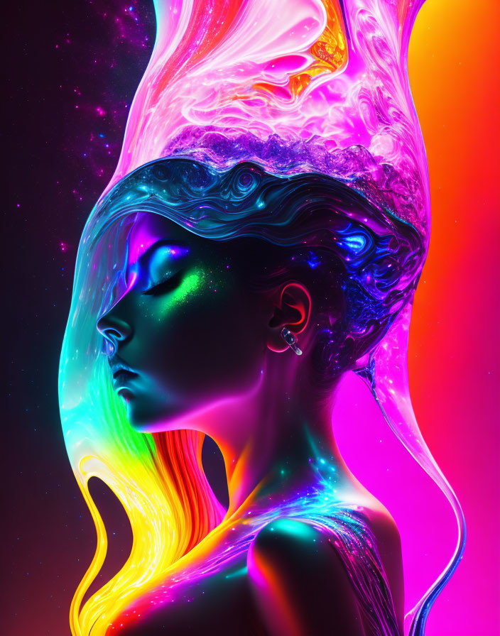 Colorful portrait of a woman with neon hues and luminous substance flowing like fiery hair