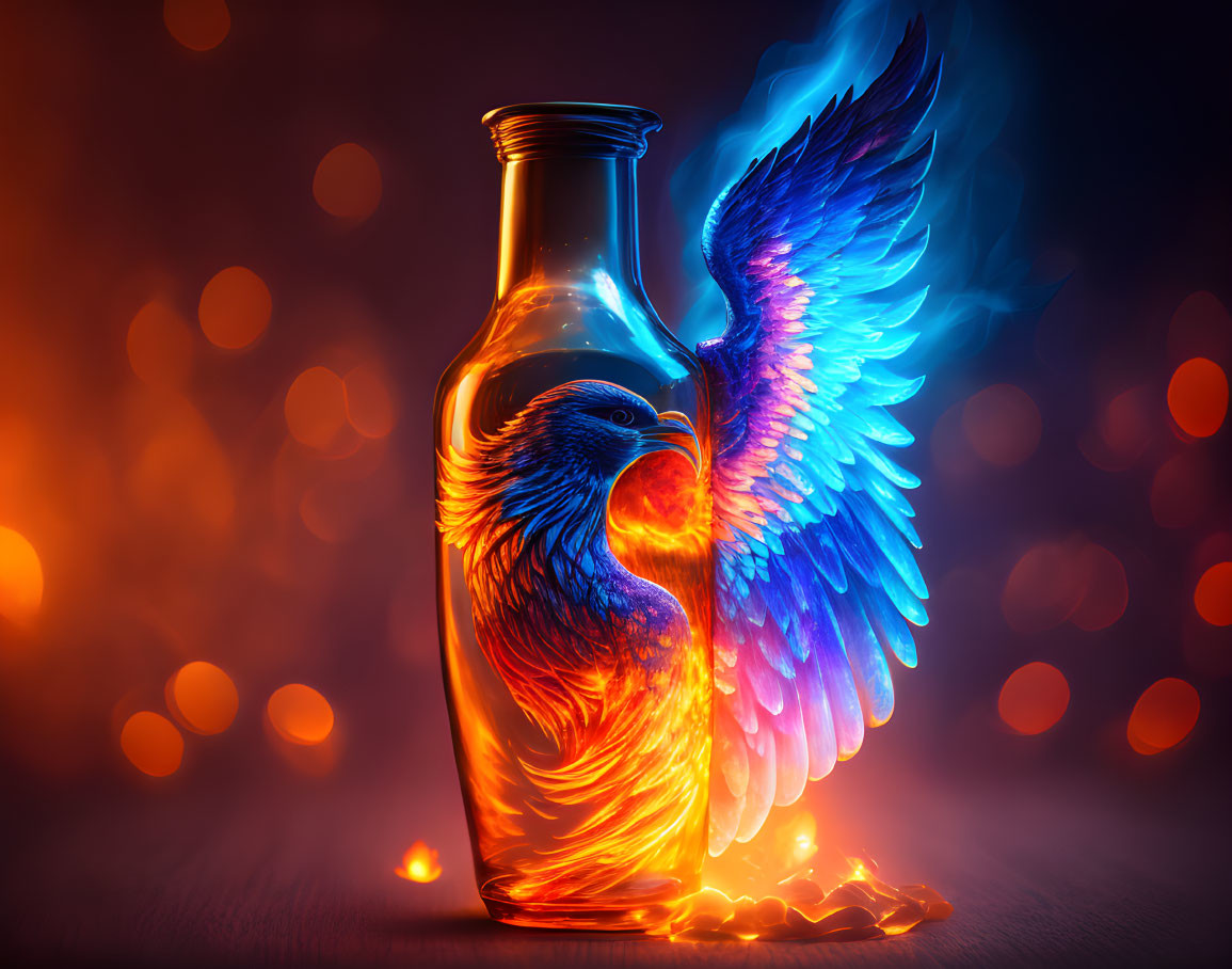 Colorful Phoenix Rising from Glass Bottle on Bokeh Background