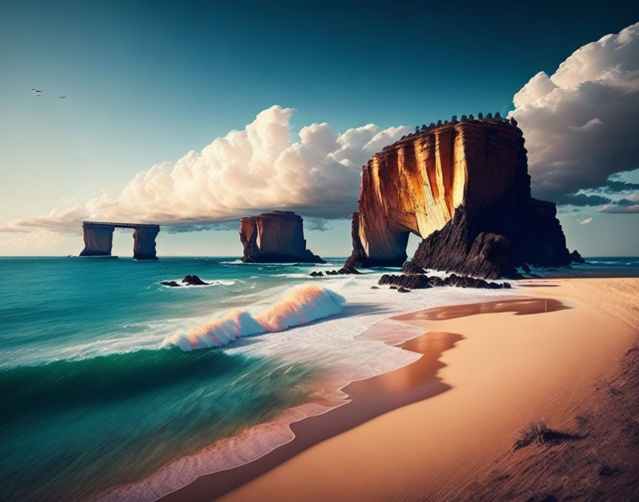 Tranquil beach scene with rock formations, gentle waves, and colorful sky