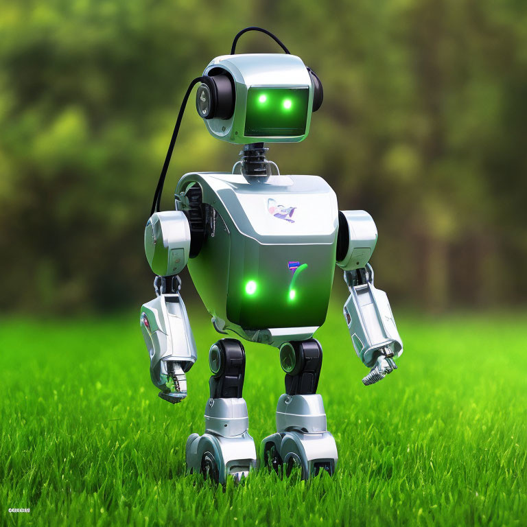 3D-rendered robot with green visor and number 7 on chest in grassy field with