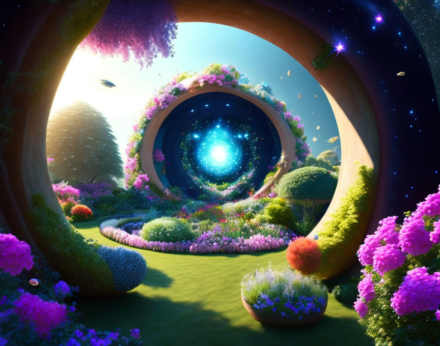 Fantasy landscape with glowing portal to starry cosmos