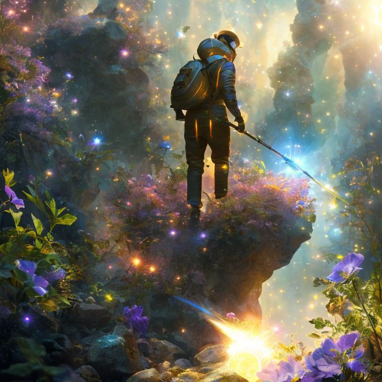 Adventurer in spacesuit on floating rock amid glowing plants and cosmic light