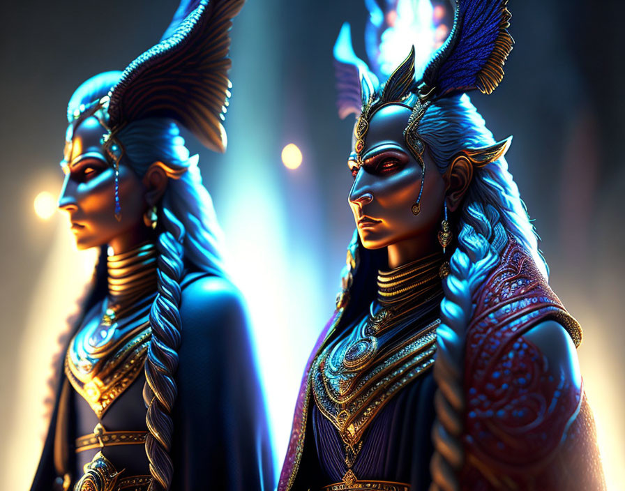 Majestic fantasy figures with elaborate horns in golden armor