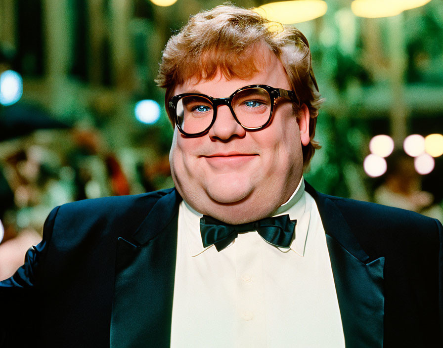 Blond man in glasses smiles in black tuxedo and bow tie