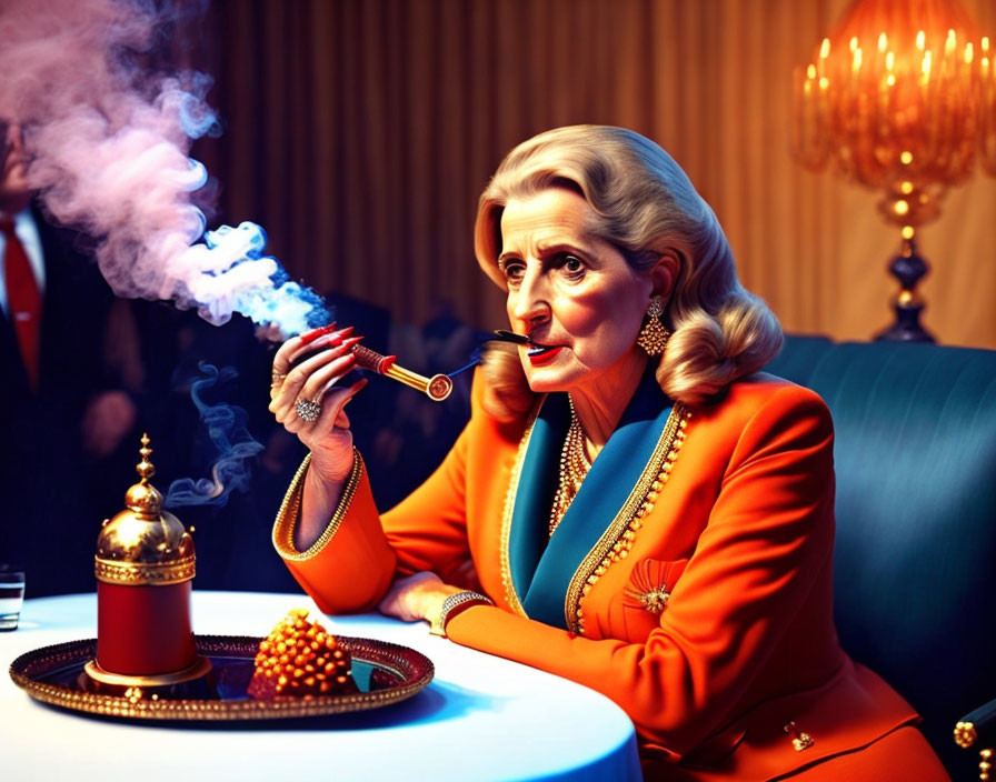 Grey-haired woman in orange suit smoking cigarette in luxurious room