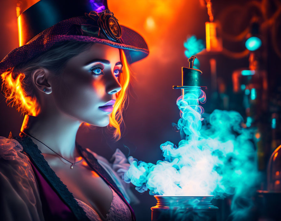 Steampunk-themed woman with hat gazing at blue smoke jar in moody lighting