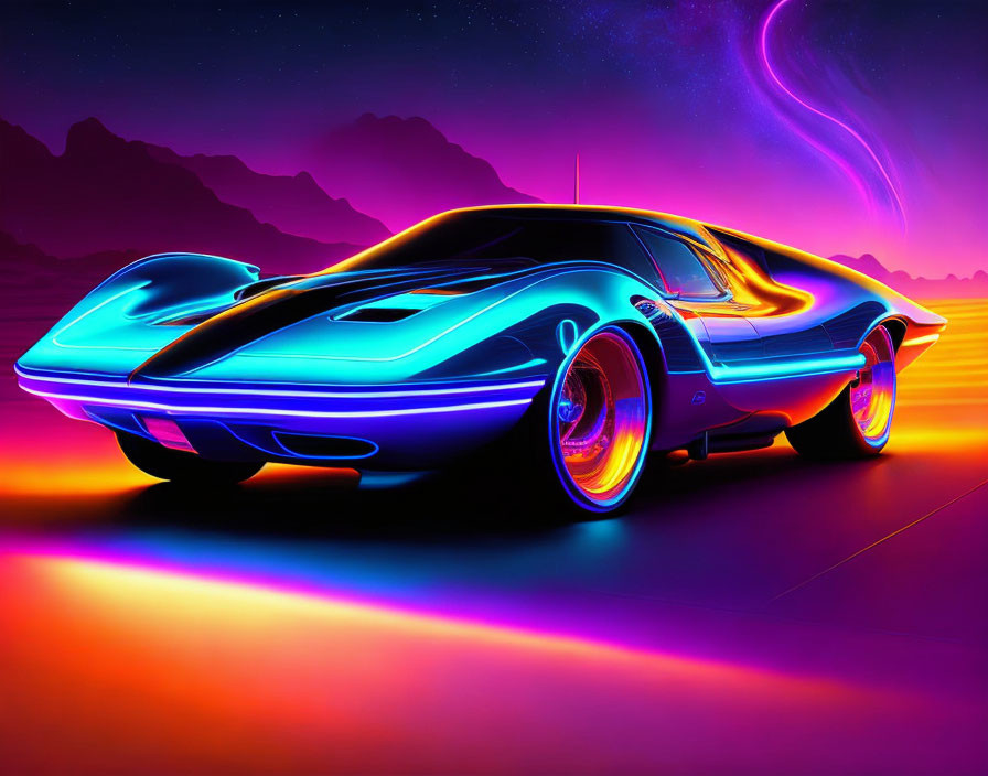 Neon-lit retro sports car on vibrant pink and purple backdrop