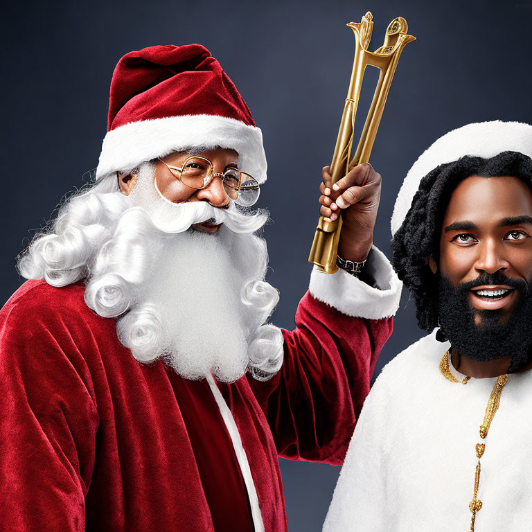 Traditional Santa Claus and angel in red and white attire smiling on gray background