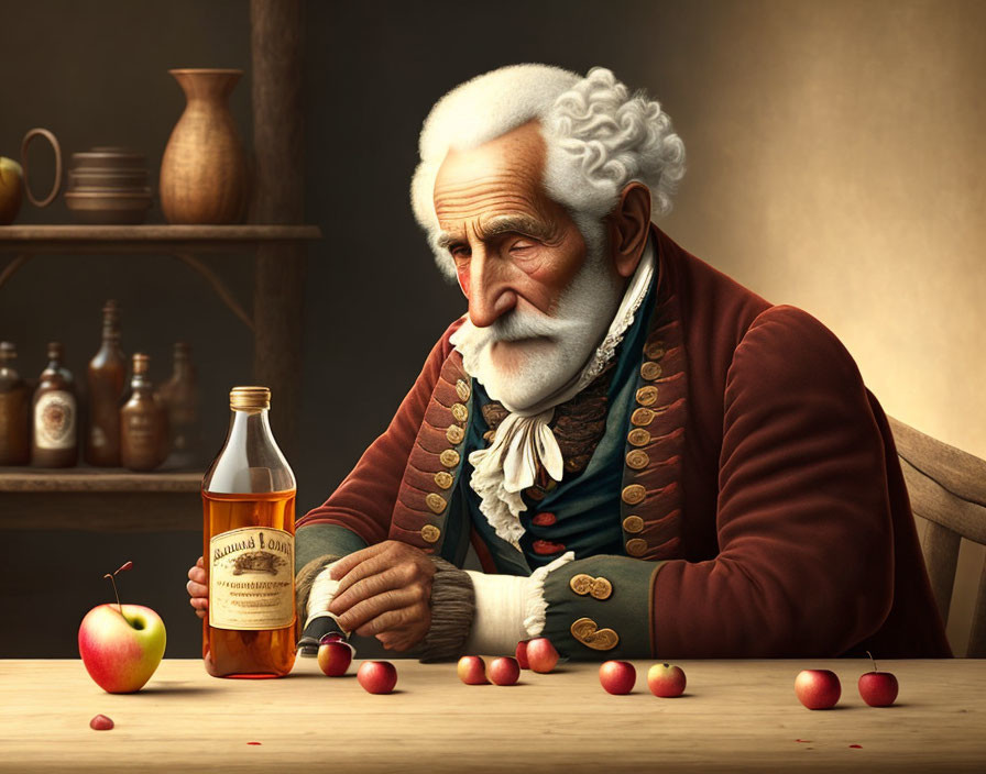 White-Haired Elderly Man Contemplating Bottle, Apple, and Berries