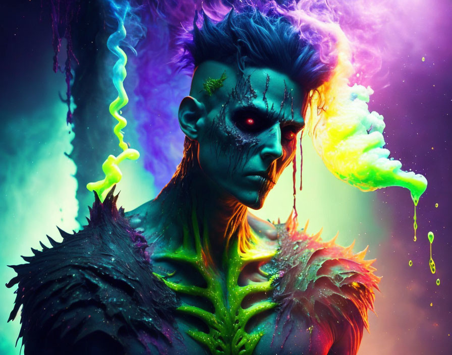 Colorful artistic image of person with zombie makeup & neon colors