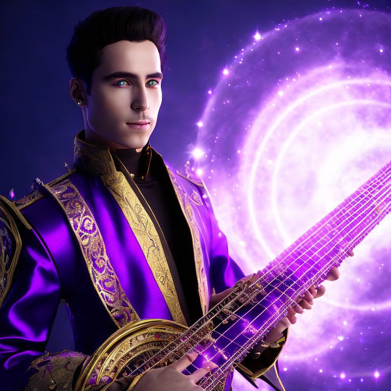 Stylized male figure with futuristic guitar in cosmic swirl background