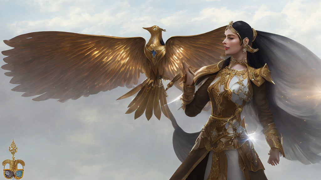 Majestic woman with large wings and golden armor standing confidently