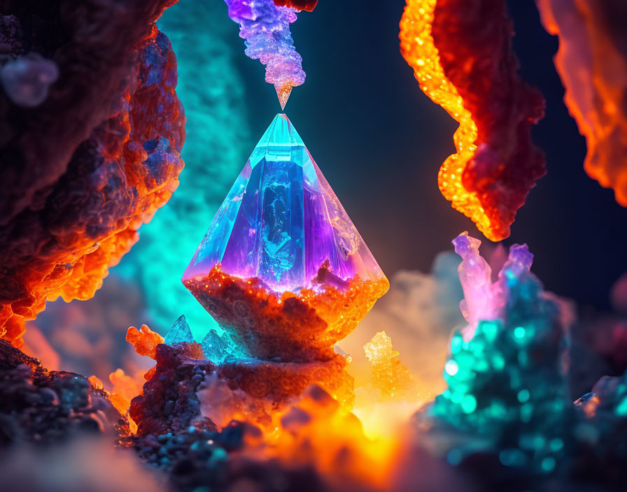 Colorful illuminated crystal in vibrant ethereal landscape