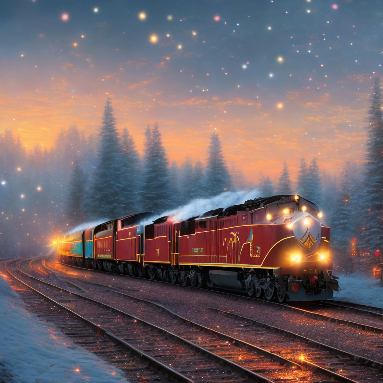 Vintage train travels through snowy pine forest at dusk