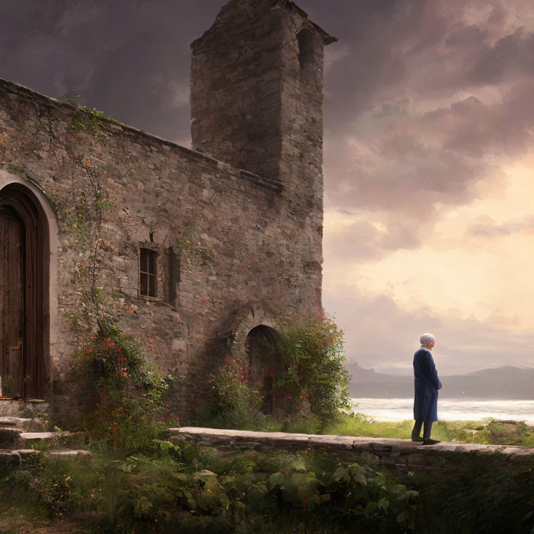 Elderly man by ancient stone building overlooking tranquil sea