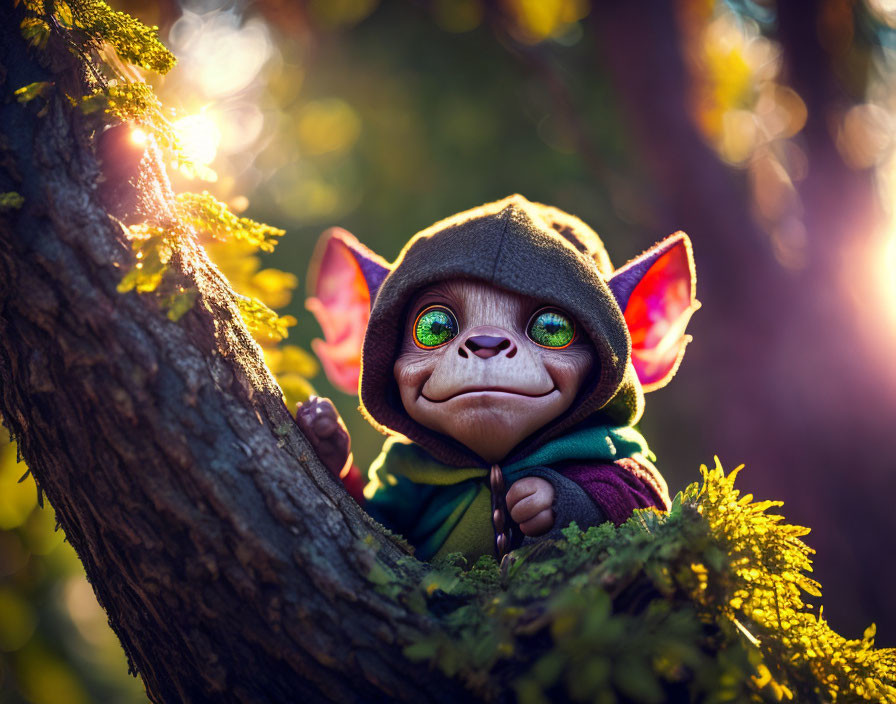 Green-eyed creature with pointed ears in lush tree under golden sunlight