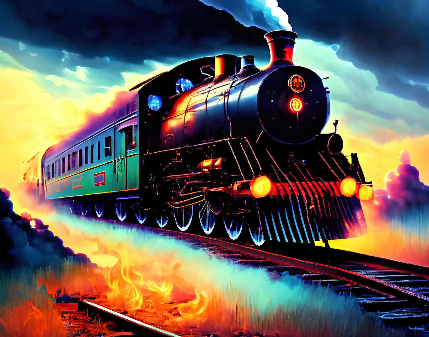 Vintage steam locomotive illustration on tracks with steam and fire against colorful sky