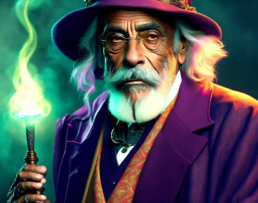 Elderly man in purple suit holds green smoke wand on dark background